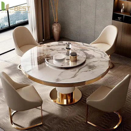 Designer Luxury Round Dinning Room Marble Rock Slab Dining Table Set 4 6 Chairs Mesa De Comedor Marbre Stainless Steel Gold Base