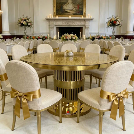 Modern Gold Stainless Steel Metal Glass Top Round 8-Seater Dining Table For Hotel Outdoor Patties and Events