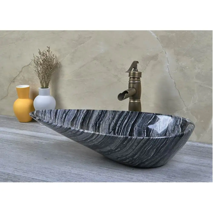 Retro Style Unique Shape Marble Stone Wash Basin Countertop Bathroom Sink Tree Black Stone Sink For Hotel & Villa Use