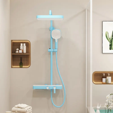 Candy Purple Brass Shower System – Features Waterfall Flow, High-Pressure Shower Head, Adjustable Slide Bar, and Multi-Functional Storage Rack for Convenience