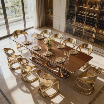 Modern Luxury Dining Table Set Gold Fiberglass Frame Glossy Marble Top Furniture