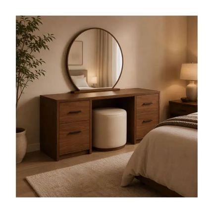 Warm Walnut Wood Finish 4-Drawer Vanity Table Freestanding Dressing Table for Bedroom 1300×805×420mm,Mirror Optional