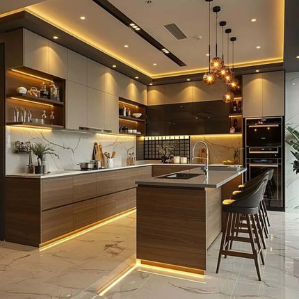 Luxury Modern Modular Fireproof Kitchen Furniture Sets Lacquer Melamine Board Cabinet LED Strip Light Quartz Stone Kitchen