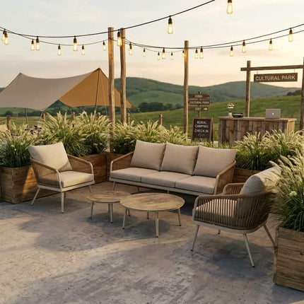 4-Piece Rope Woven Modern Outdoor Conversation Set Cream Anti-Rust Aluminum Frame Nesting Coffee Table Textured Grey Sofa Garden
