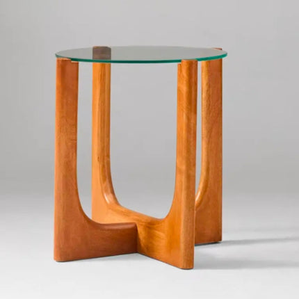 Minimalist Home Furniture Integrated Curved  Solid Wood Frame Clear Tempered Glass Round Side Table Coffee Table For Living Room Villa