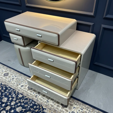 Modern and Luxurious White Dressing Table Set, Specially Designed For The Bedroom, Featuring Multiple Drawers And a Camera Light