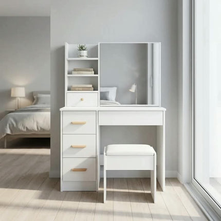 LED Modern Mango Panel Design Makeup Vanity Table 3 Light Modes Built-in Power Outlets Hairdryer Cushioned Stool Storage