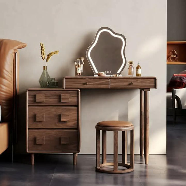 Solid Wood Walnut Color Dresser With LED Lighted Mirror Extendable Makeup Vanities For Bedroom Furniture For Apartments