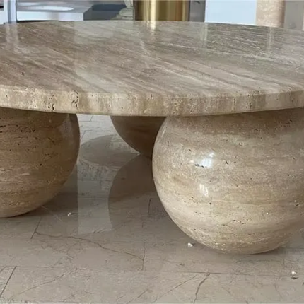 Modern natural stone round coffee table furniture 3 balls marble base beige travertine living room center coffee table