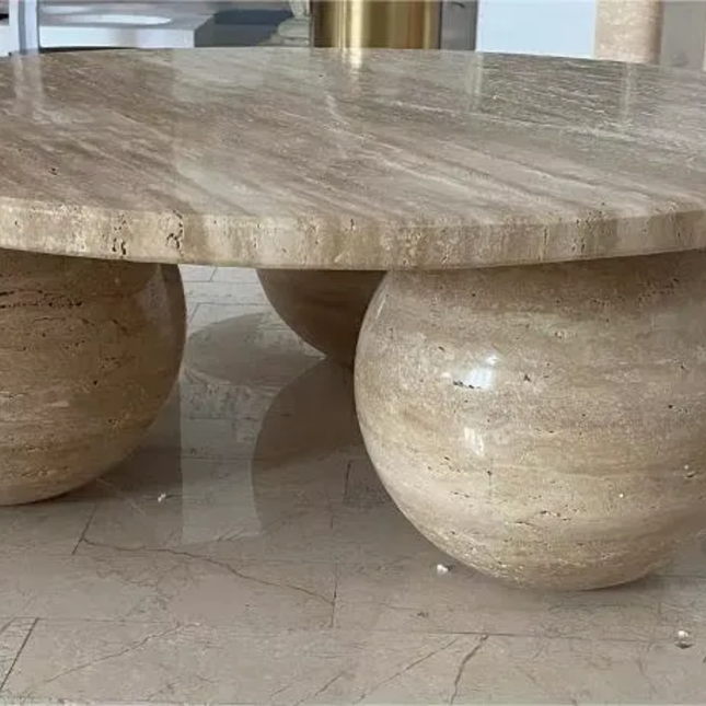 Modern Natural Stone Round Coffee Table Furniture 3 Balls Marble Base Beige Travertine Living Room Center Coffee Table