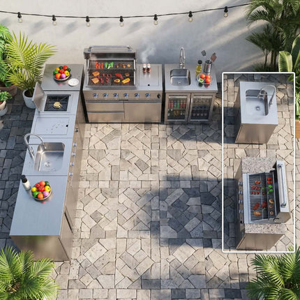 Customize Modern Waterproof Lacquer Stainless Steel MDF Outdoor Kitchen Cabinet Island BBQ Grill Set Sink Hinge Backsplash 5 Year Warranty.