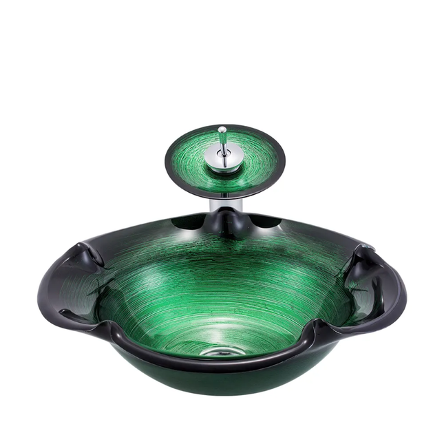 Green Color Hand Painted Flower Shape Vanity Counter Top Bathroom Hand Wash Basin Glass Bathroom Sink Modern Design