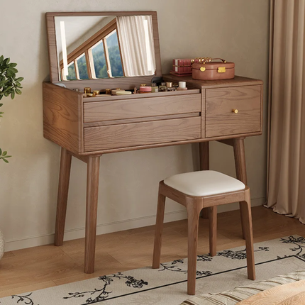 Solid Oak Wood Convertible Dressing Table With LED Mirror USB Port Flip Cover Makeup Cabinet Silent Wind Design For Bedroom