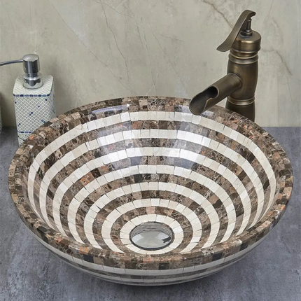 Customized Modern Polished Natural Marble Stone Mosaic Sink Round Shape Countertop Bathroom Vanity Sink