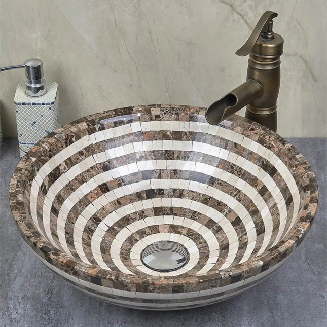 Customized Modern Polished Natural Marble Stone Mosaic Sink Round Shape Countertop Bathroom Vanity Sink