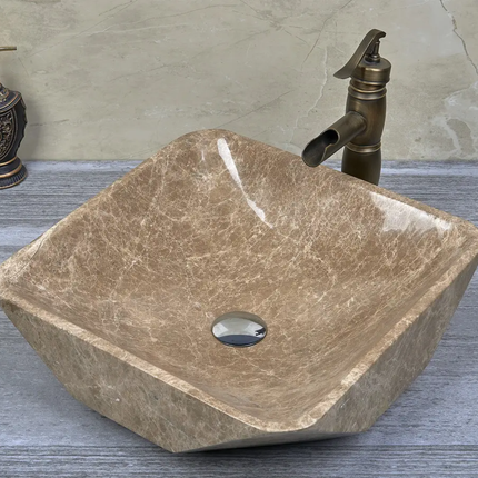 Emperador Light Unique Shape Sink Handmade Natural Stone Wash Basin Bathroom Vanity Diamond Facets Marble Stone Wash Basin