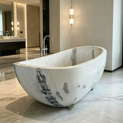Hand Carved Whites Marble Freestanding Bathtub Drainer Portable for Apartment Use