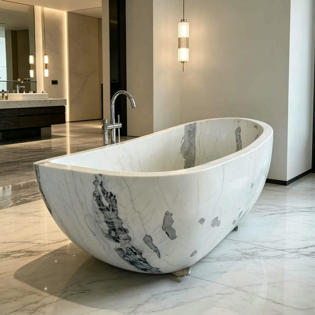 Hand Carved Whites Marble Freestanding Bathtub Drainer Portable for Apartment Use