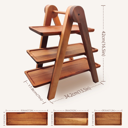 High Quality Solid Acacia Wood Three-Tier Serving Tray Modern Design Polished Eco-Friendly Party Tray