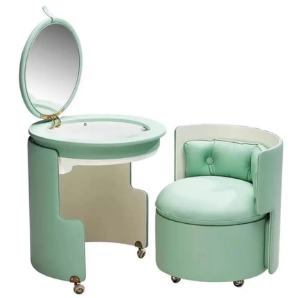 Italian Luxury Modern Solid Wood Stainless Steel Vanity Set Dressing Table With Flip Mirror Leather Seat Storage Chair Bespoke