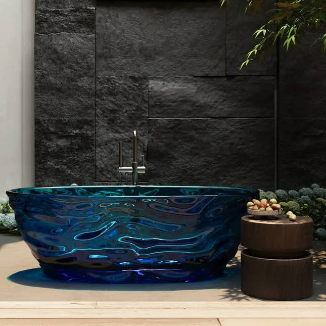 Modern Design Colorful Crystal Resin Freestanding Oval Shape Transparent Deep Soaking Wavy-Patterned Bathtub