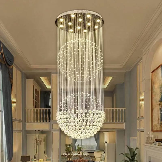Long Duplex Staircase Crystal Chandelier for Indoor Living Room Dining Elegant Double Ball Lamp for Hotel Villa Hall