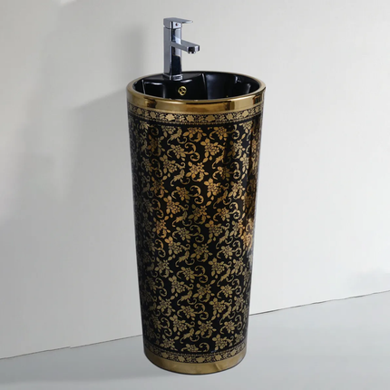 Luxury Modern Royal Design Bathroom Ceramic One-Piece Orange Flower Pattern Pedestal Basin Single-Hole Faucet Mount CORONIS 9L