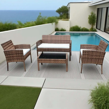 Brown Rattan Outdoor Furniture Set with Glass Coffee Table | 2 Chairs, Loveseat, Cushions, Custom Colors & Styles for Patio