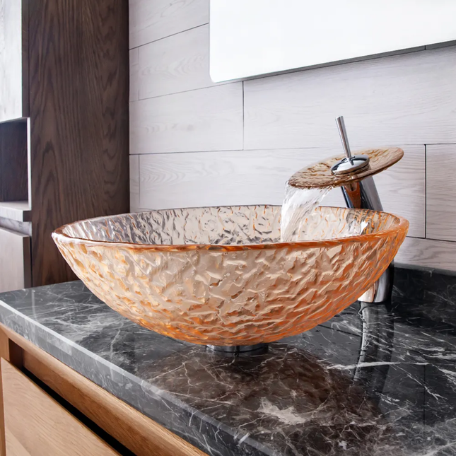 Bathroom Manufacturers Orange Transparent Art Glass WashBasin Bathroom Round Above Table Basin With Waterfall Faucet