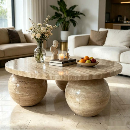 Modern natural stone round coffee table furniture 3 balls marble base beige travertine living room center coffee table