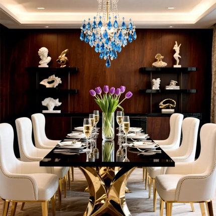 Luxury French European Dining Table Set – White Gold Marble, Convertible Adjustable Style Ideal for Villas and Apartments