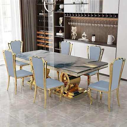 Luxury Gold Stainless Steel Frame Dining Table Set 6 Seater Rectangular Marble Top Modern Dining Table for Home Hotel