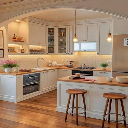 Whole House Custom Integrated Cabinets, Warn Wabi-Sabi, Open Small Space, Built-in Infrared Cooktop