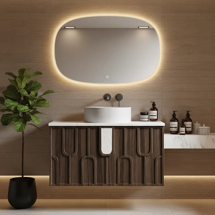 Modern Walnut Wood Carved Floating Bathroom Vanity – With Oval LED Backlit Smart Mirror