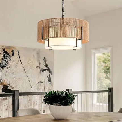 Hand-Woven Rattan Chandelier Boho Pendant Lamp Farmhouse Wicker Hanging Ceiling Light Dining Room Kitchen Island Bedroom Foyer