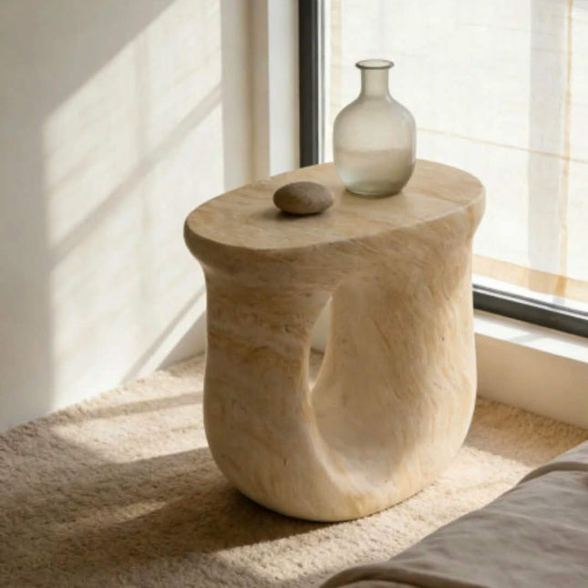Modern Organic Shape Travertine Side Table Luxury Sculpture Natural Stone End Table Cream Beige Wabi Sabi Bedside Stool