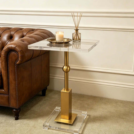 Clear Acrylic Square Side Table With Gold Ball Pedestal Modern Transparent End Table For Furniture Living Room Hotel Nightstand