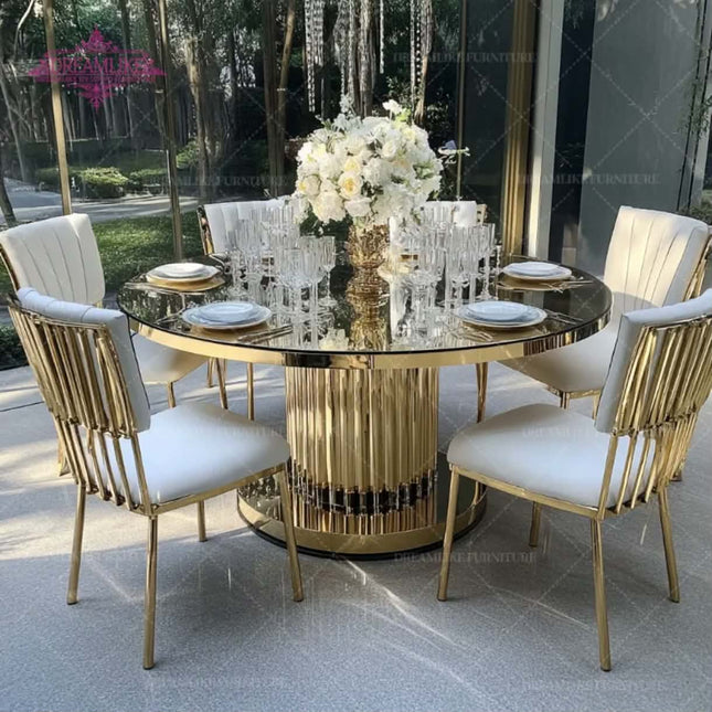 Modern Gold Stainless Steel Metal Glass Top Round 8-Seater Dining Table For Hotel Outdoor Patties and Events