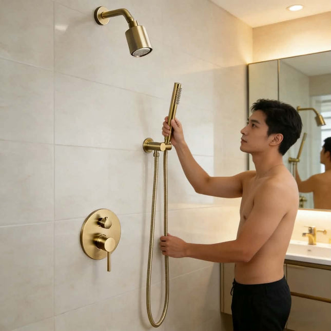 Brass Copper Rain Concealed Shower Set Wall Mount Hand Held Brushed Gold Rainfall Shower Mixer Set Bathroom Hotel