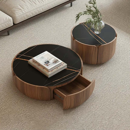 Mid-century walnut finish round solid coffee table set, minimalist sintered stone round center table for small living room