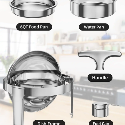 6QT Full Size Commercial Stainless Steel 201 Roll Top Buffet Server Catering Warming Holding Equipment Alcohol-Fueled For Hotels