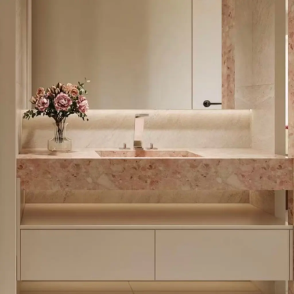 Custom Natural Calacatta Viola Marble Wall-Mounted Vanity – Pink Stone Integrated Sink for Luxury Bathrooms