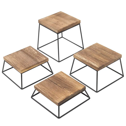 Burnt Wood & Black Metal Polished Square Retail Food Display Risers/Pizza Stands Holiday Decoration Set Of 4