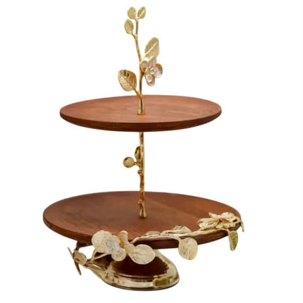 Luxury 2-Tier Wooden Cake Stand With Gold Brass Floral Branch Frame Elegant Rustic Mango Wood Cupcake Display & Serving Tray