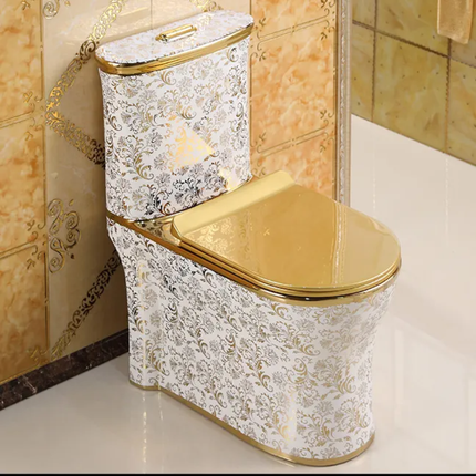 White Gold Floral Pattern Toilet Italian Design Elegant Bathroom Masterpiece