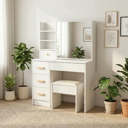 LED Modern Mango Panel Design Makeup Vanity Table 3 Light Modes Built-in Power Outlets Hairdryer Cushioned Stool Storage