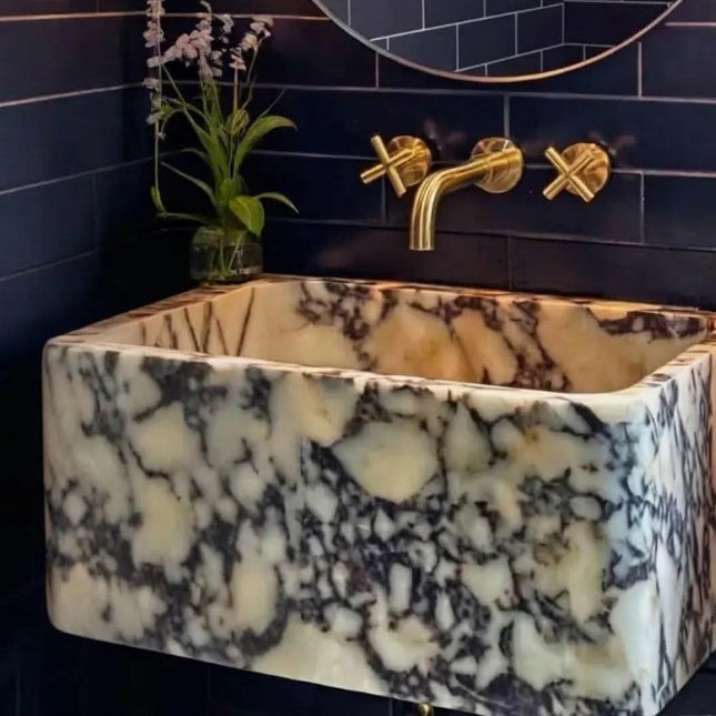 Custom Italian Luxury Bathroom Sink – Modern Calacatta Viola Marble, Wall-Mount Natural Stone Basin for Villas & Powder Rooms