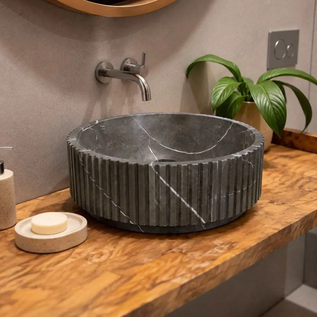 Chocolate Color Marble Stone Round CounterTop Bathroom Sink Luxurious Custom Modern Matte Finish For Villa Interior Decoration