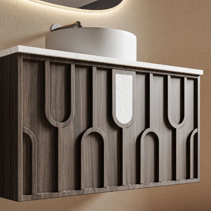 Modern Walnut Wood Carved Floating Bathroom Vanity – With Oval LED Backlit Smart Mirror