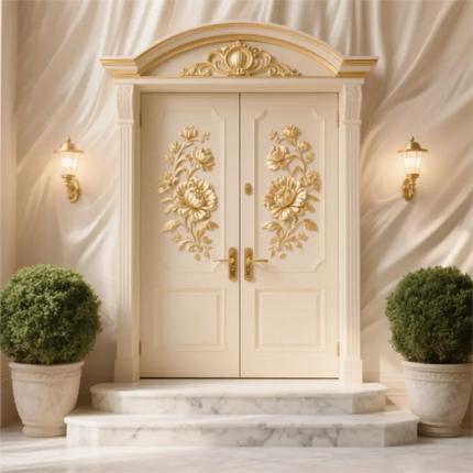 Customize Luxury Italian-style Villa with White Carved Wooden Double Doors at the Entrance